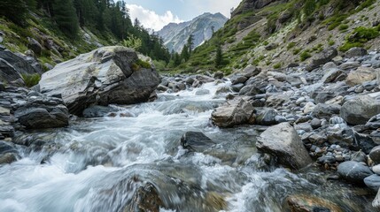 Mountain River with Rocks and Foamy Water