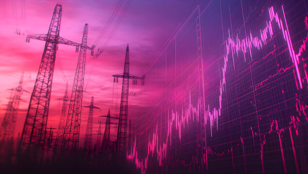A glowing graph superimposed over the silhouette of electrical pylons against a red sky.
