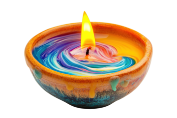 Colorful Swirls of Wax in Lit Ceramic Bowl Candle