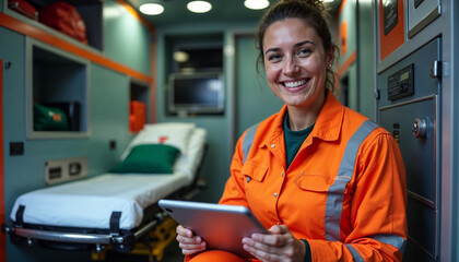 A paramedic in an ambulance showcases professionalism and readiness for emergencies.

