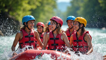 Friends enjoy a vibrant river rafting trip, laughing and embracing adventure in nature.

