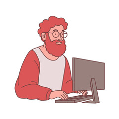 Bearded Man Freelance Employee Cartoon Character Wearing Glasses Working with Computer