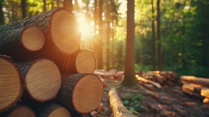 Sustainable timber production facility showcasing stacks of FSC certified wood products while skilled workers inspect quality of responsibly harvested lumber from managed forests at modern mill