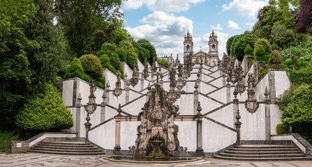 Famous scenic baroque stairway to pilgrim basilica Bom Jesus do Monte in Braga