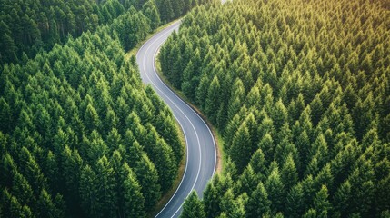 Aerial view of green forest with a winding highway showing sustainability, carbon neutrality, and net zero efforts in climate protection