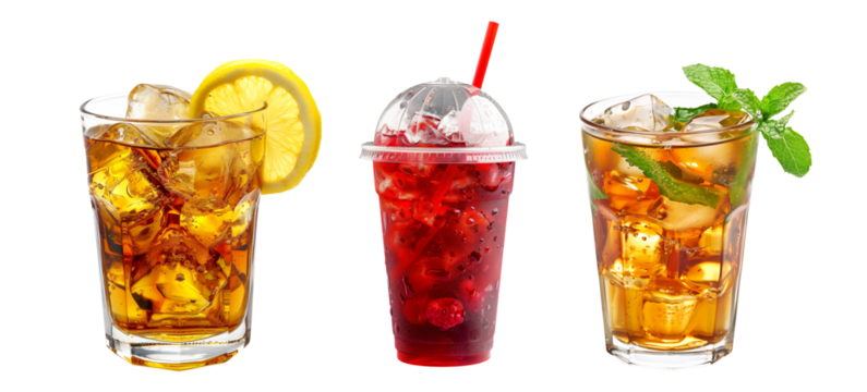 Refreshing peach ice tea filled with ice cubes and lemon slices, hibiscus ice tea isolated on white transparent background.