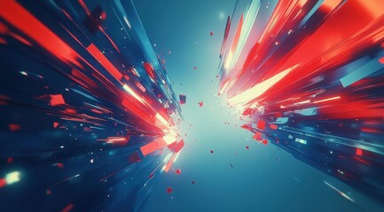Futuristic shattered glass explosion with vibrant red and blue colors