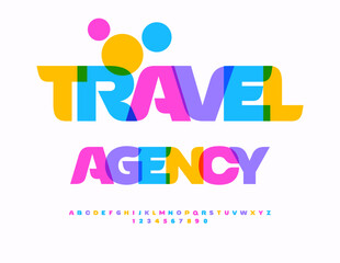 Vector advertising flyer Travel Agency. Stylish Colorful Font. Decorative  Alphabet Letters and Numbers set.