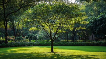 Fototapeta premium Majestic Solitary Tree with Dense Canopy Standing Tall in Sustainable Urban Garden Setting During Spring Season, Demonstrating Nature Conservation and Environmental Solutions