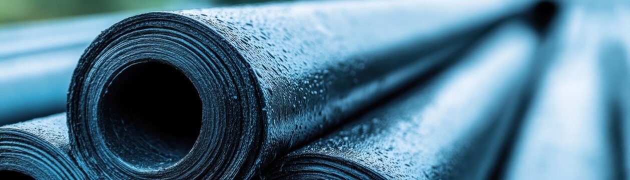 Close-up of stacked black industrial rolls, showcasing texture and detail against a soft background.