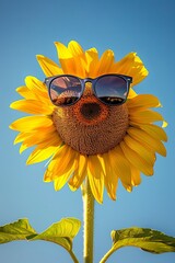 A bright yellow sunflower with sunglasses on, looking up at the blue sky.