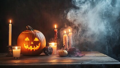 Naklejka premium A carved pumpkin with a lit candle inside sits on a wooden table with other candles and smoke in the background.