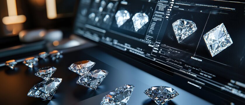 Multiple CAD screens display diamond cut optimizations, showcasing professional design technology used in the jewelry industry to enhance gemstone brilliance and clarity during crafting.