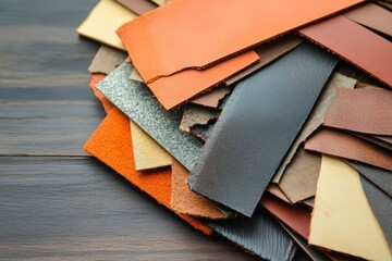 Collection of assorted leather swatches in various textures and colors, arranged on a wooden surface.
