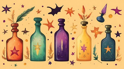 Halloween pastel yellow vector backdrop adorned with whimsical potion bottles