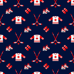 Ice hockey vector background. Canada hockey stick and puck seamless pattern in a Canadian flag traditional colors and maple leaf symbols. Winter outdoors repeated print for sporting design, wallpaper.
