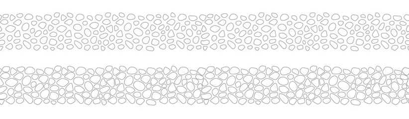 Stones seamless borders vector set. Black and white paving seamless patterns. Smooth pebble template background. Doodle cobblestones and cute rounded outlines shapes for interior and science design