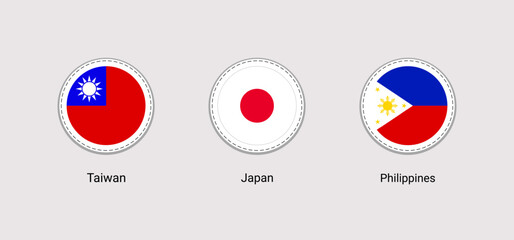 Japan, Taiwan, The Philippine rounded flags vector set. isolated icons. Japanese, Taiwanese, Philippines national symbols stickers collection. Asian states round emblems signs for travel designs.