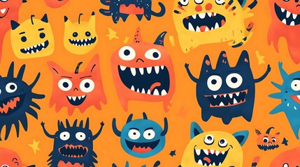 Halloween playful monster patterns with cheerful faces