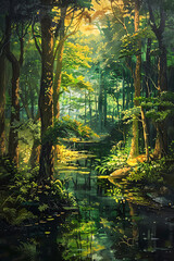 Obraz premium Bring the mystical crypto forest to life with a traditional medium like acrylic, emphasizing unexpected camera angles that highlight the magical essence of the scenery Use rich, earthy tones to enhanc