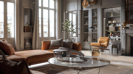 Bring the world of Futuristic Technologies into Personal Life through a digital photorealistic rendering Imagine a living room with augmented reality elements seamlessly integrated, showcasing a blend