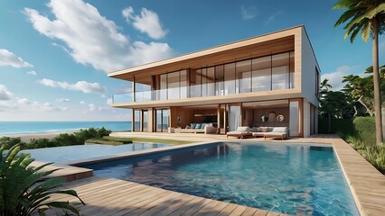 Luxury beach house with sea view swimming pool in modern design, Vacation home for big family. 3d rendering of building and swimming pool