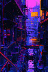 Obraz premium Capture a pixel art representation of a tilted angle view showcasing futuristic technologies in a vibrant, triadic color scheme Experiment with unexpected camera angles to add intrigue and depth to th
