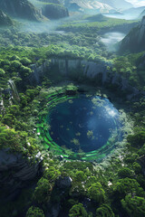 Capture a surreal landscape of futuristic technologies from an aerial view using photorealistic digital rendering techniques Implement unexpected camera angles to emphasize the dreamlike atmosphere