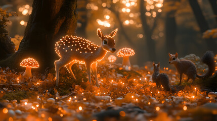 Obraz premium A magical forest scene with a deer, a squirrel, and glowing mushrooms.