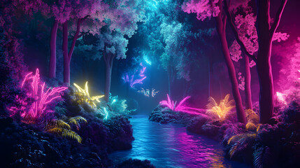 A magical, neon-lit forest with a glowing stream.
