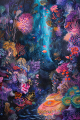 Capture the intricate details of a coral reef illuminated by a lone divers flashlight in acrylic, showcasing the beauty beneath the surface, blending colors seamlessly
