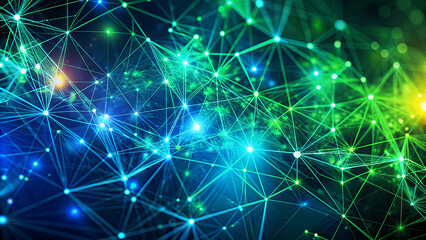 Fototapeta premium Abstract blue green technology background with a cyber network grid and connected particles