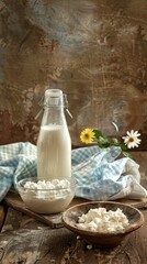 A glass bottle of milk, a bowl of cottage cheese, and a wooden bowl of cottage cheese on a rustic wooden table with a checkered blue and white cloth and some flowers in the background.