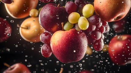 A mix of apples pears and grapes falling through the air with realistic textures and colors