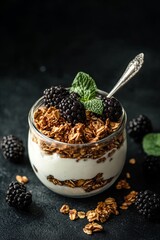 A glass jar filled with yogurt, granola, and blackberries, garnished with a sprig of mint.