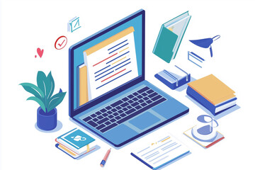  laptop is on a table with a potted plant and several books. The laptop screen is open to a document. Concept of productivity and focus