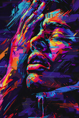 Craft a pixel art representation of inner thoughts and struggles, using vibrant colors and sharp angles to depict conflicting emotions Experiment with a close-up shot from a skewed camera angle to cre