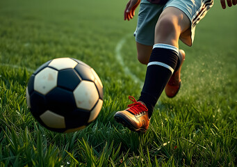 Obraz premium Football player kick black and white soccer ball on green grass field, in soccer stadium.
