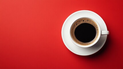 A white coffee cup with a black coffee sitting on a red background