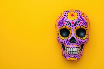 Glowing sugar skull with vibrant purple and yellow floral patterns, intricate details