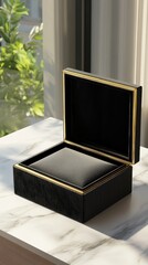 A luxurious velvet jewelry box sits open on a marble countertop, displaying its elegance