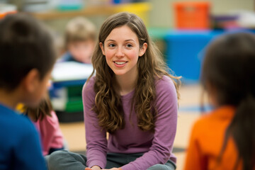 Fototapeta premium woman in a purple shirt is sitting with a group of children. She is smiling and she is a teacher
