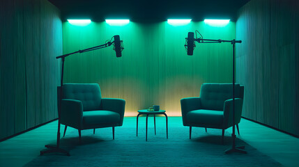 A minimalist podcast studio with two chairs, a coffee table, and two microphones in front of a green wood-paneled wall.