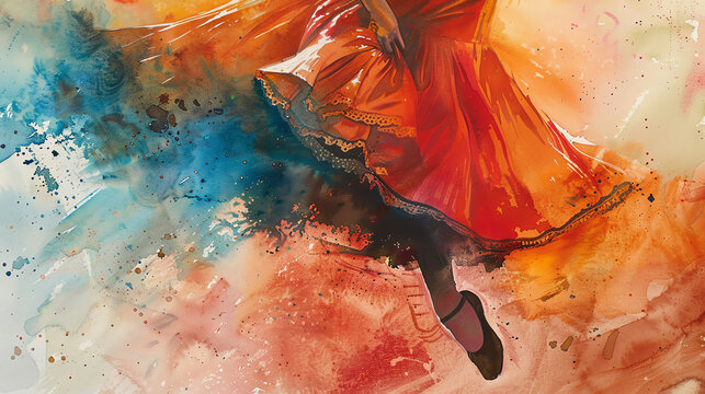 Illustrate a detailed close-up scene of a flamenco dancers intense footwork, expressing the struggle and passion of marginalized communities through vibrant colors and dynamic brush strokes in waterco