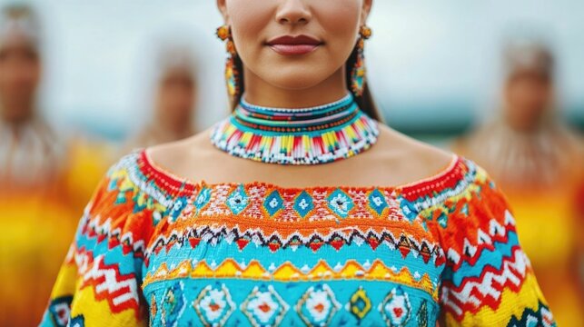 Group of Native Alaskan dancers dressed in traditional colorful and beaded attire performing a cultural dance on a stage or festival setting  The performers showcase the unique heritage folklore