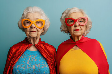 Two elderly ladies in superhero costumes with red capes and funny glasses are standing on a blue background.
