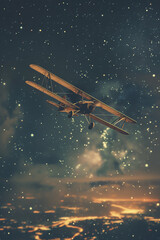 Illustrate a vintage biplane soaring under a starry sky with a mystical aura using digital CG rendering, emphasizing the nostalgia and innovation of early aviation triumphs