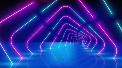 Glowing neon lines, tunnel, led arcade, stage. Abstract technology background, virtual reality. Pink blue purple corridor neon square arch, perspective. Ultraviolet bright glow. Vector illustration