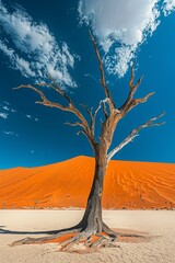 A lone dead tree stands against a backdrop of towering red sand dunes and a blue sky with white clouds in the Namib Desert.