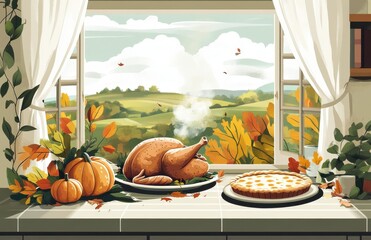 Autumn feast with roasted turkey and pumpkin pie by the window